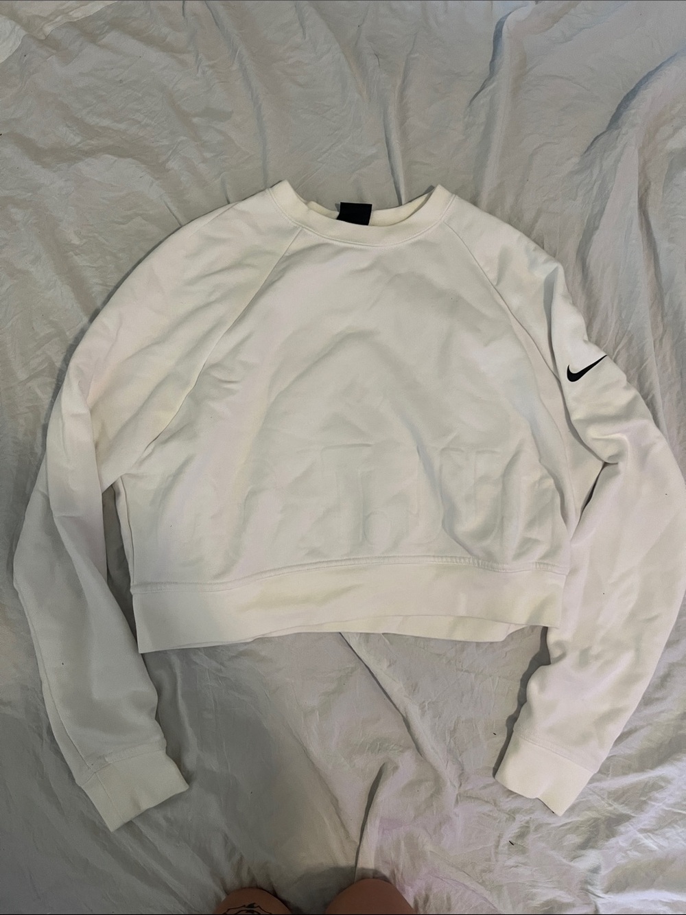 Nike White Women's Cropped Crew Sweatshirt with Black Swoosh